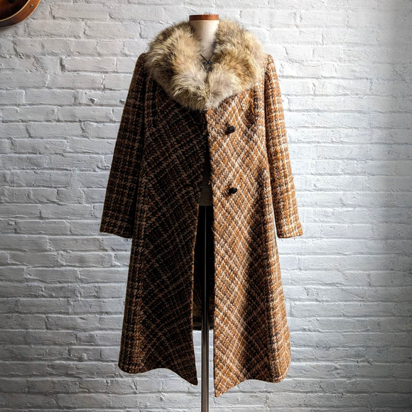 70s Vintage Penny Lane Wool Fur Coat Groovy Plaid Minimal Trench Afghan Jacket - Picture 5 of 11